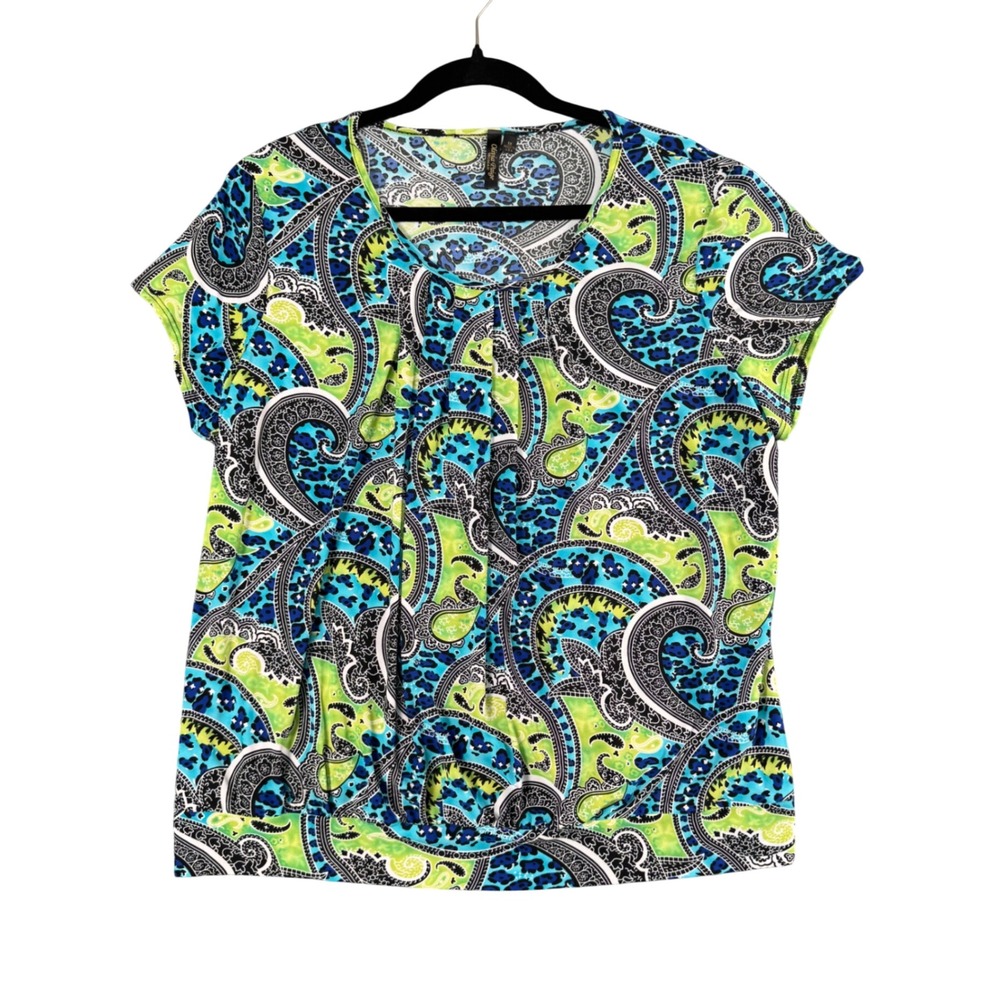 Olivia & Paige Womens Paisley Blouse Y2K Artsy Short Sleeve USA Made 1X